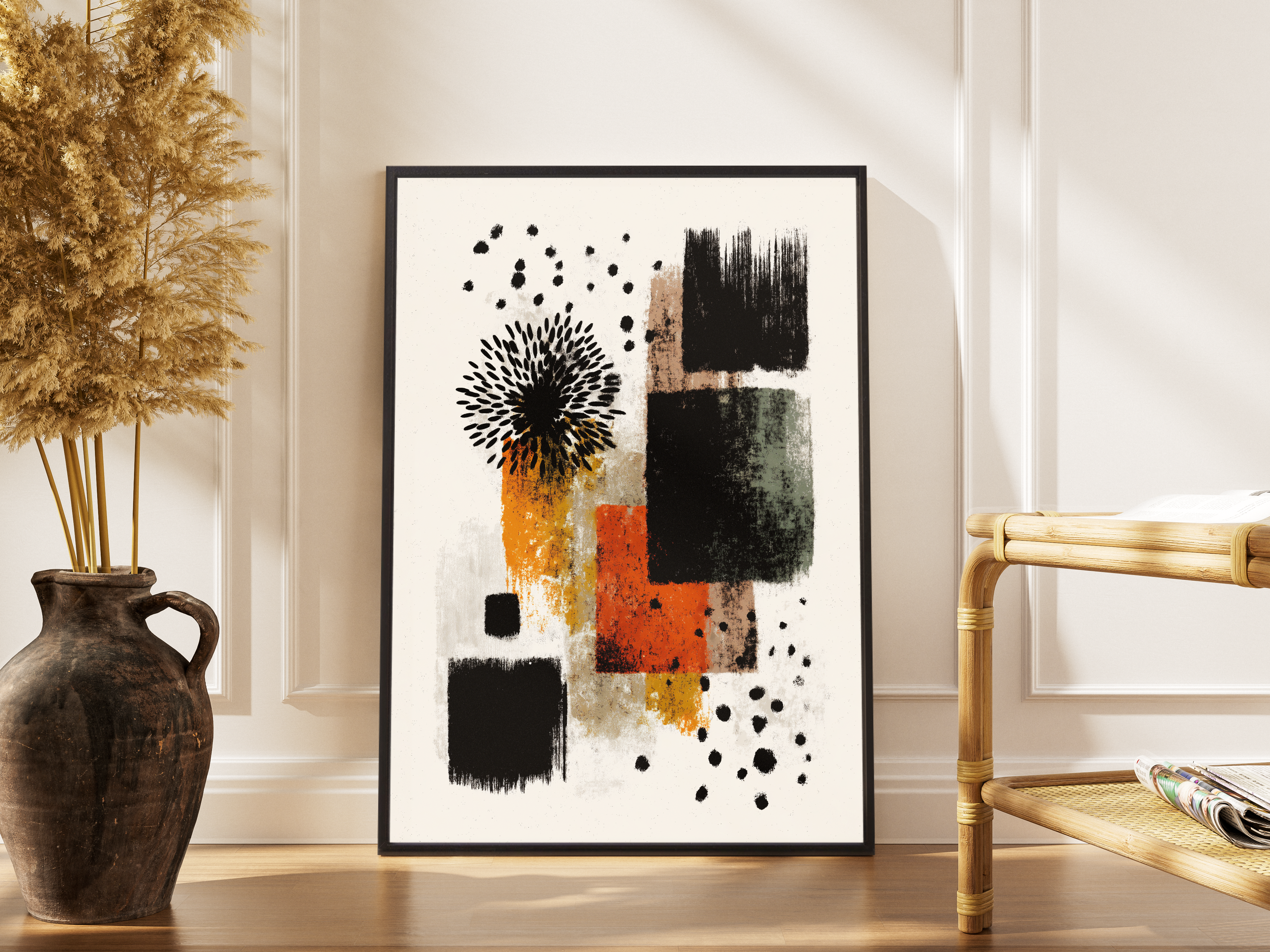 Abstrakte Pinselformen in Orange, Schwarz und Ocker mit organischer Blüte – gerahmter Fine Art Kunstdruck kaufen
