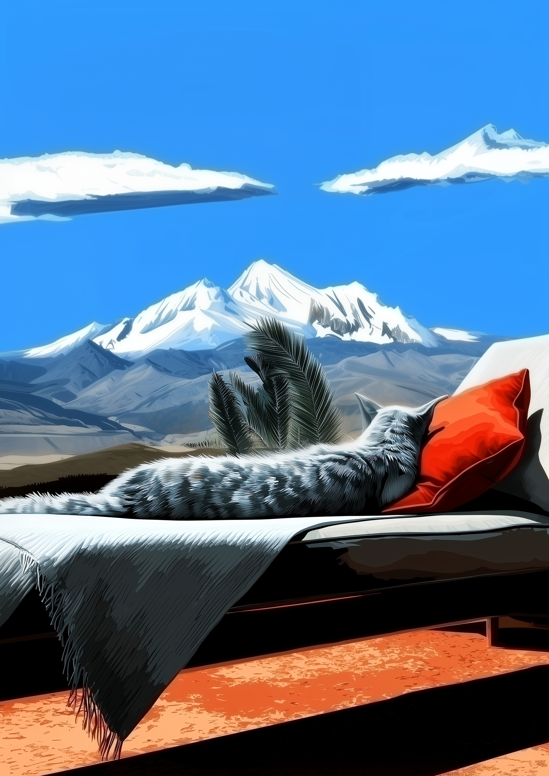 Katze auf Liegestuhl mit Bergpanorama – Pop-Art Illustration Kunstdruck