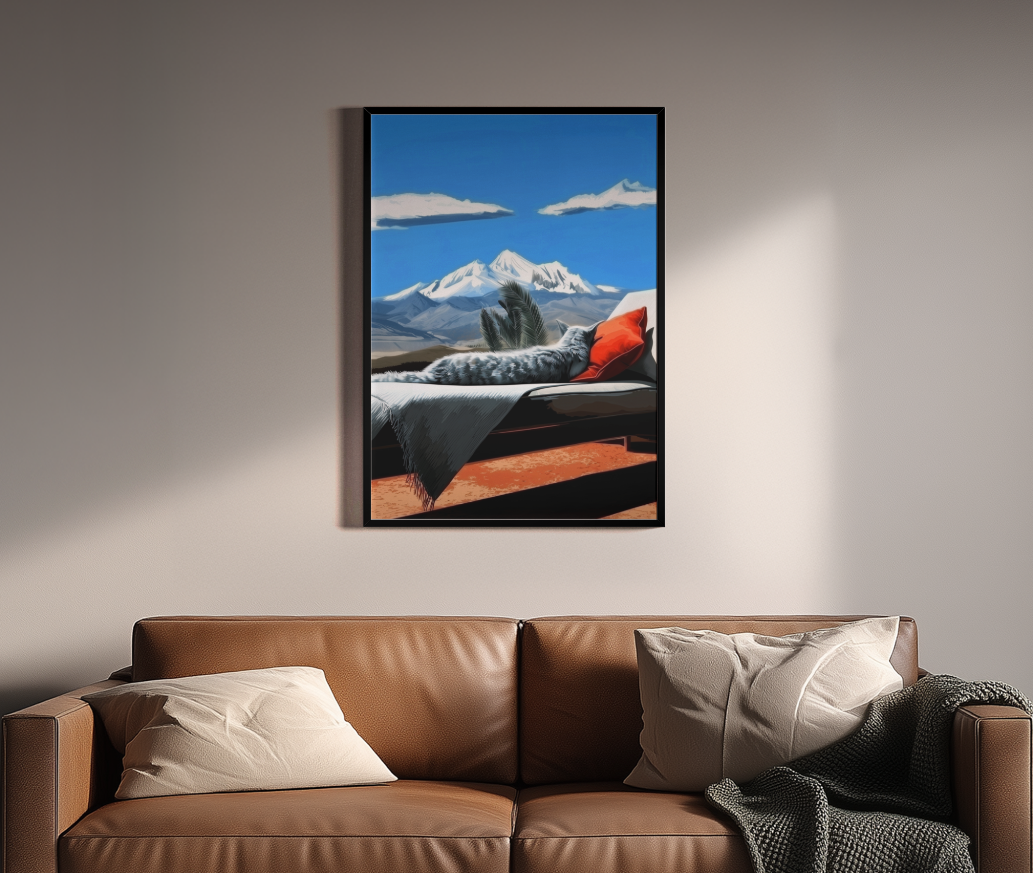 Katze auf Liegestuhl mit Bergpanorama – Pop-Art Poster als Wandbild über Ledersofa