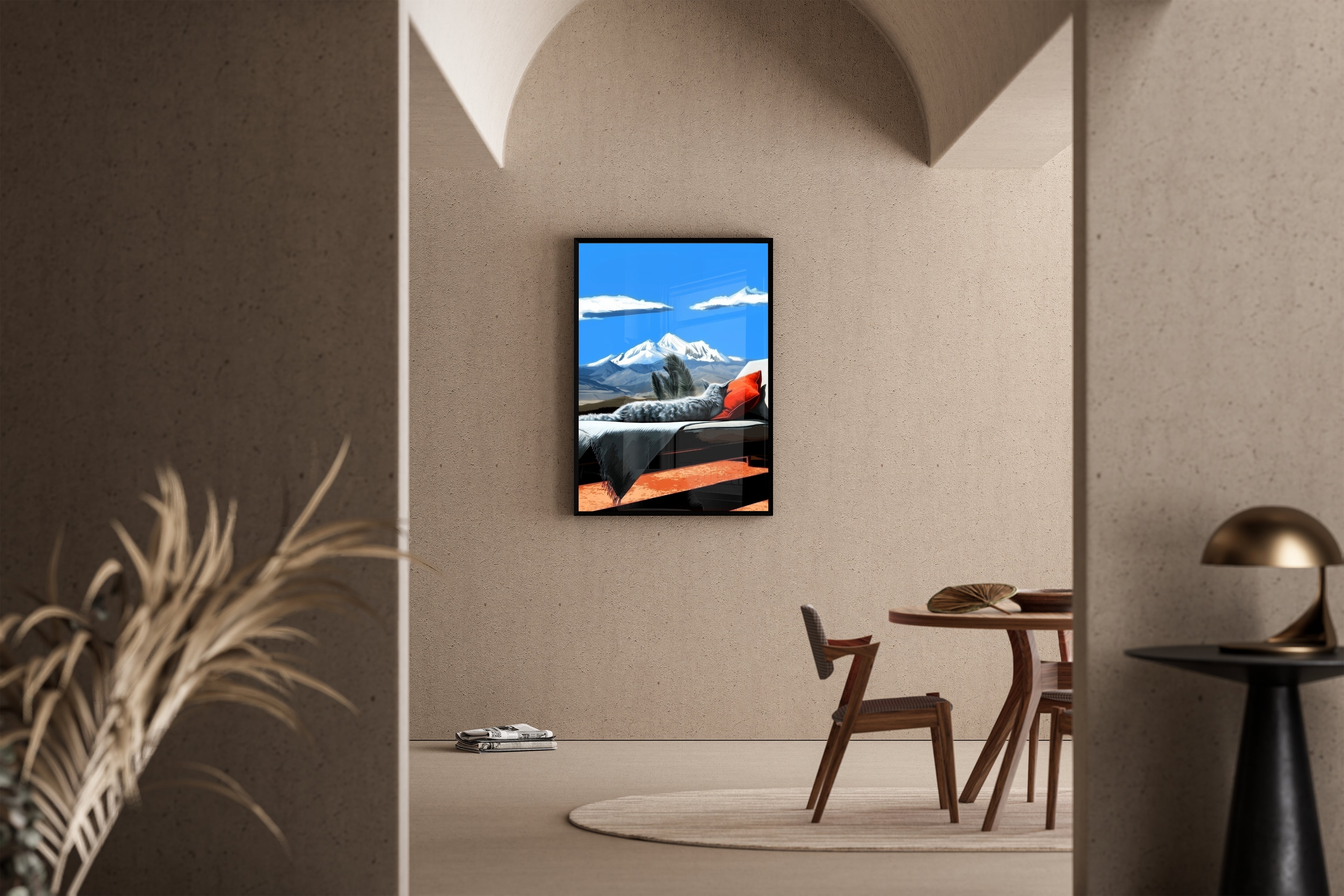 Katze auf Liegestuhl mit Bergpanorama – Pop-Art Kunstdruck in modernem Esszimmer
