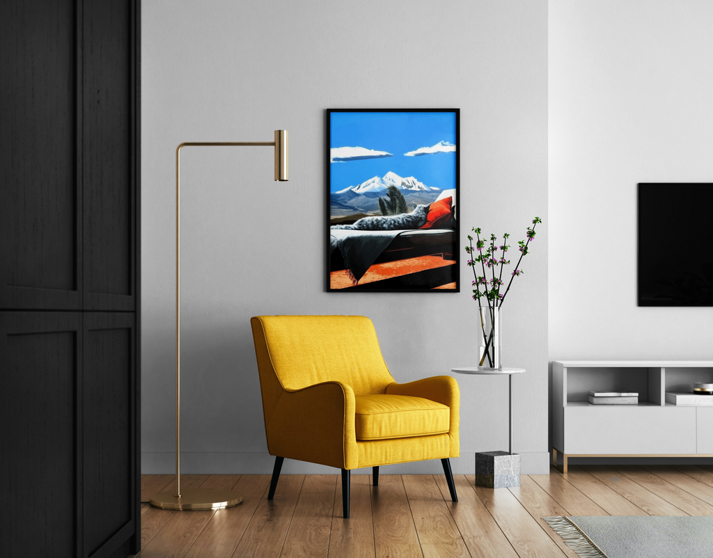 Katze auf Liegestuhl mit Bergpanorama – Pop-Art Wandbild im Wohnzimmer kaufen