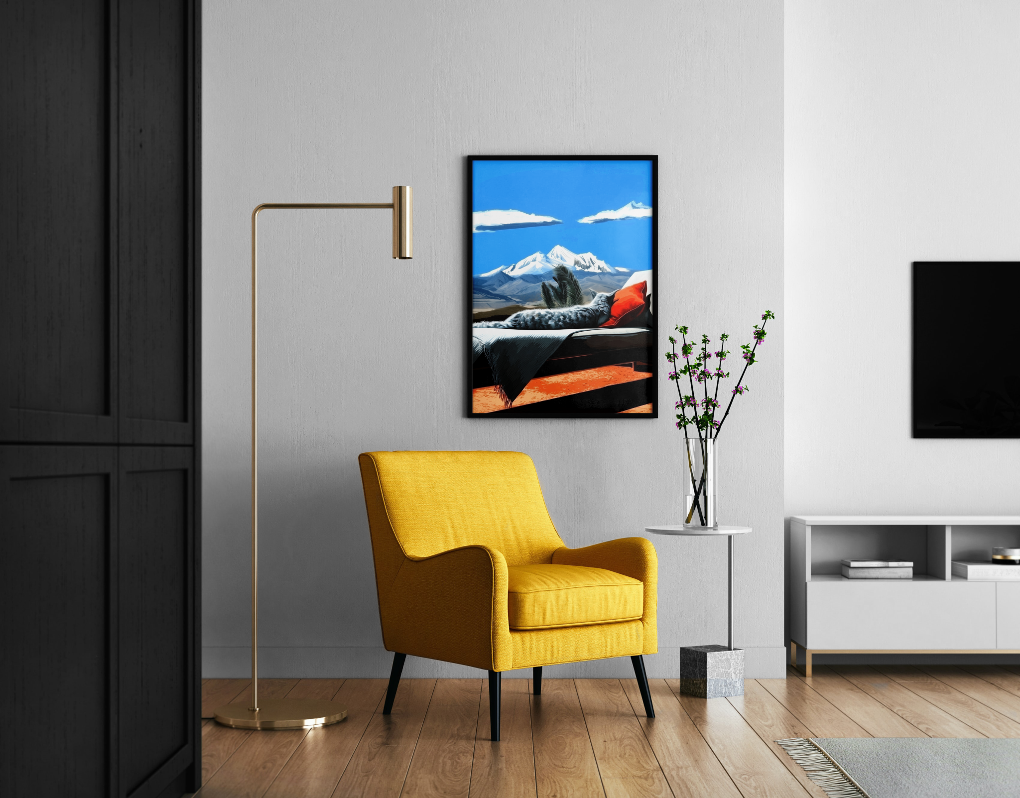 Katze auf Liegestuhl mit Bergpanorama – Pop-Art Wandbild im Wohnzimmer kaufen