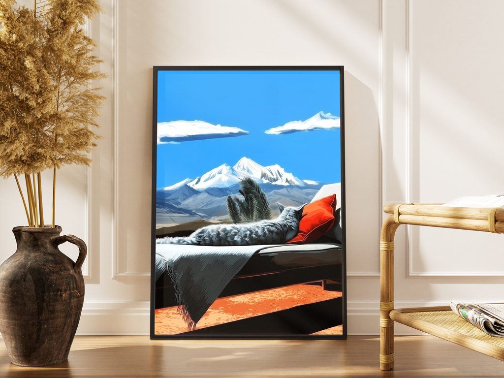 Katze auf Liegestuhl mit Bergpanorama – gerahmter Pop-Art Poster bodenlehnend