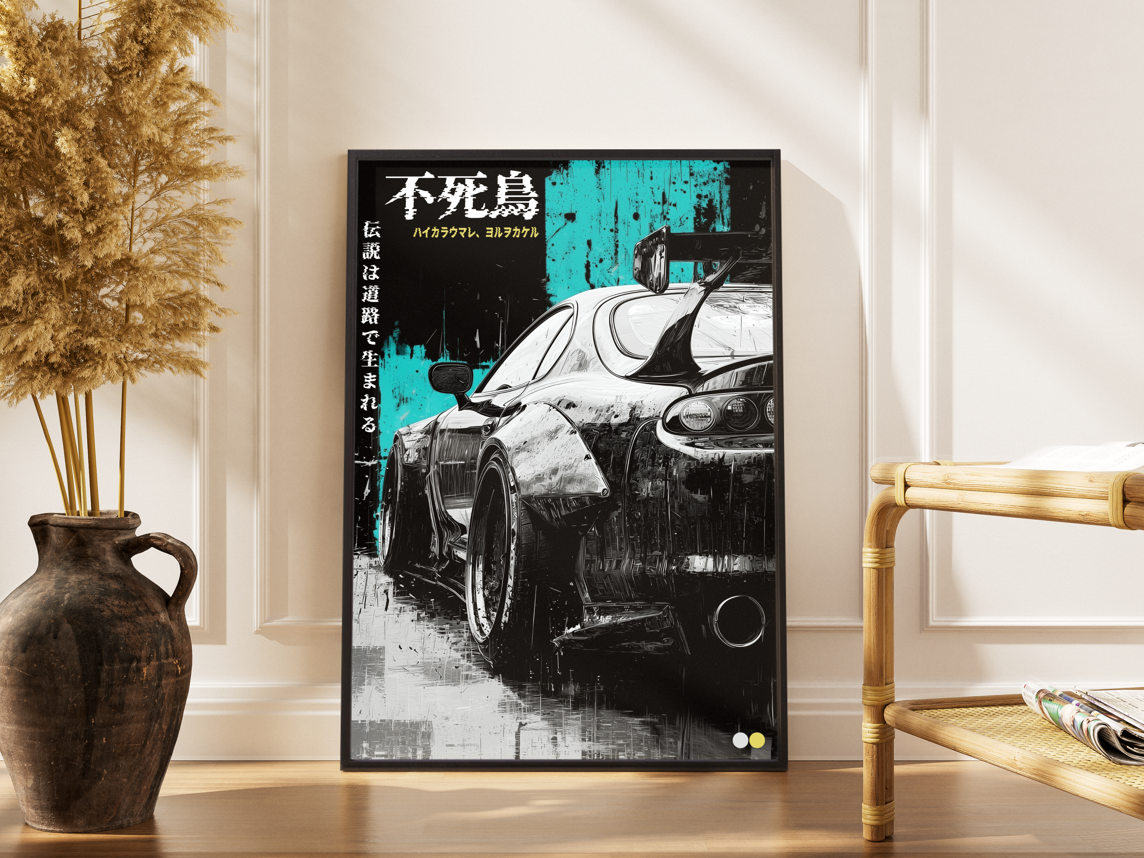 Toyota Supra MK4 Hashiriya JDM Poster – schwarzer Sportwagen mit Kanji im Regen – gerahmter JDM Kunstdruck kaufen