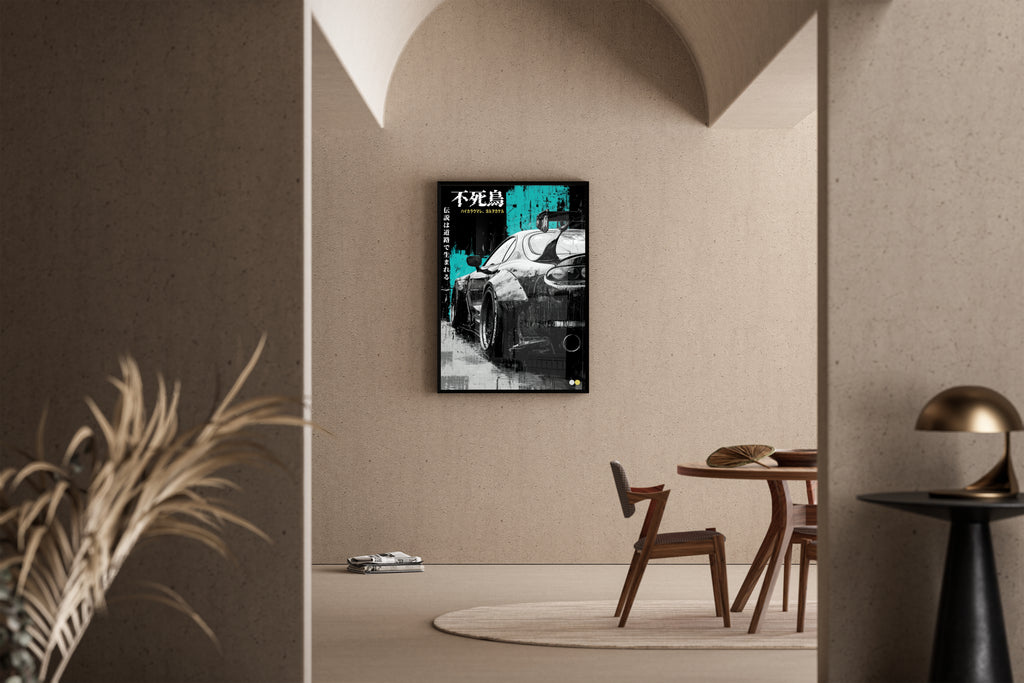 Toyota Supra MK4 Hashiriya JDM Poster – schwarzer Sportwagen mit Kanji im Regen – Kunstdruck im mediterranen Esszimmer