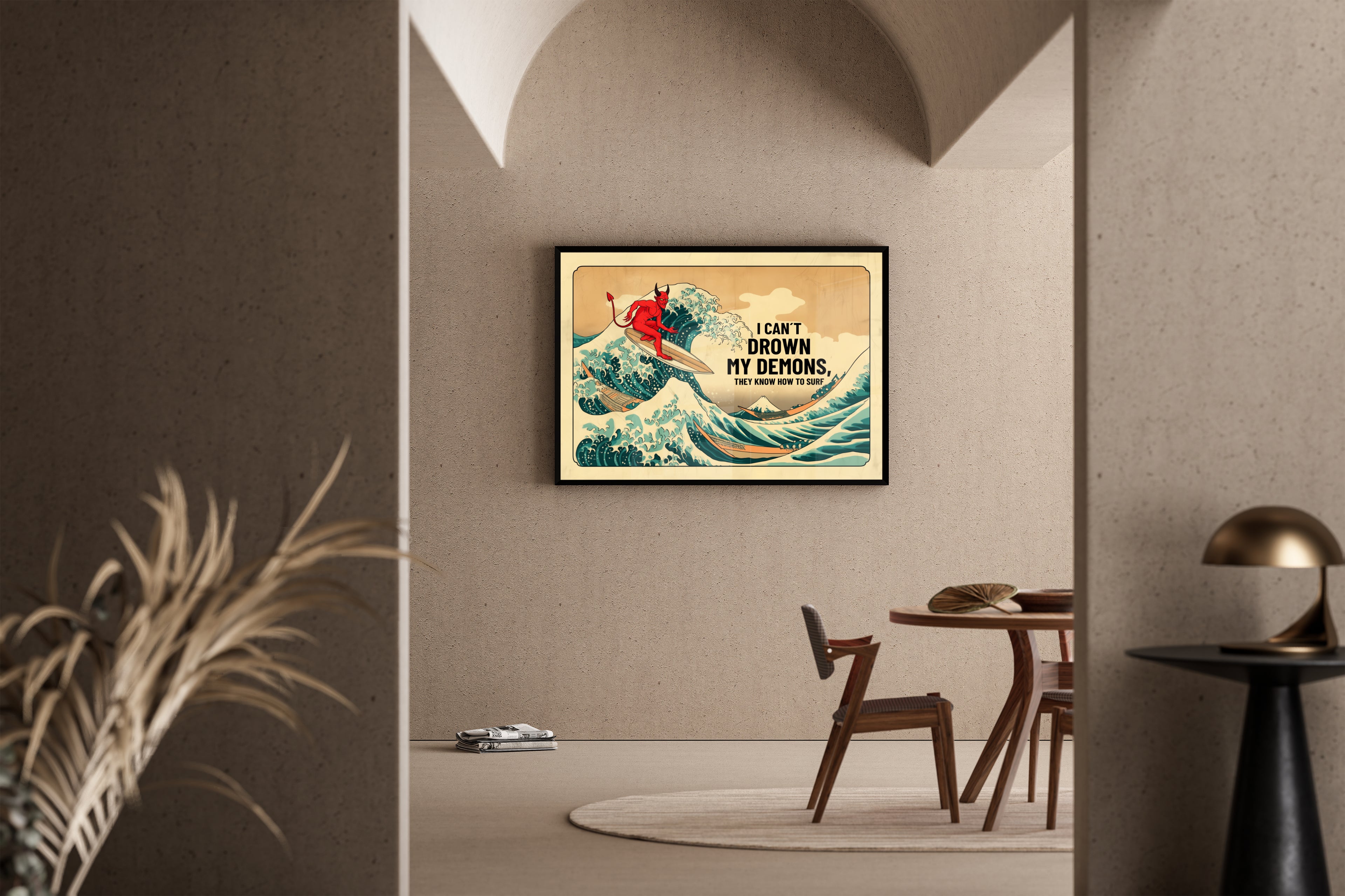 I CAN'T DROWN MY DEMONS – roter Teufel surft auf großer Welle, Hokusai-Stil, Humor – Poster im Esszimmer