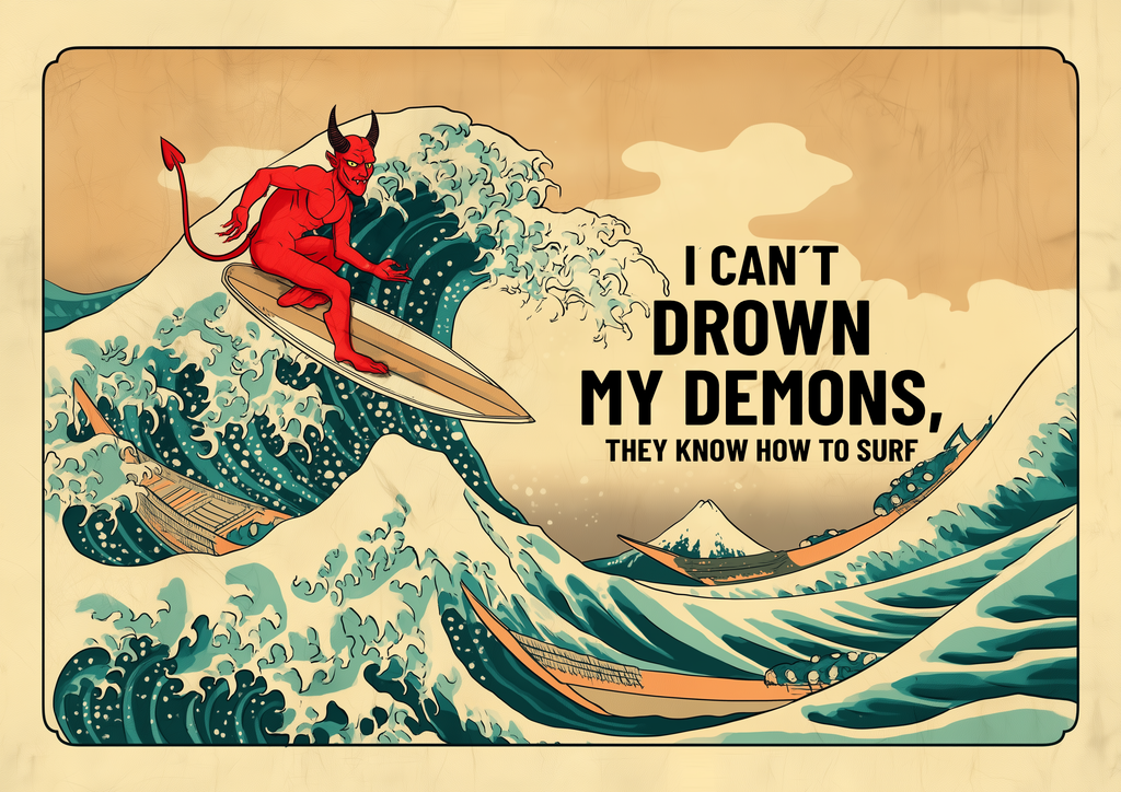 I CAN'T DROWN MY DEMONS – roter Teufel surft auf großer Welle, Hokusai-Stil, Humor – eleganter Kunstdruck