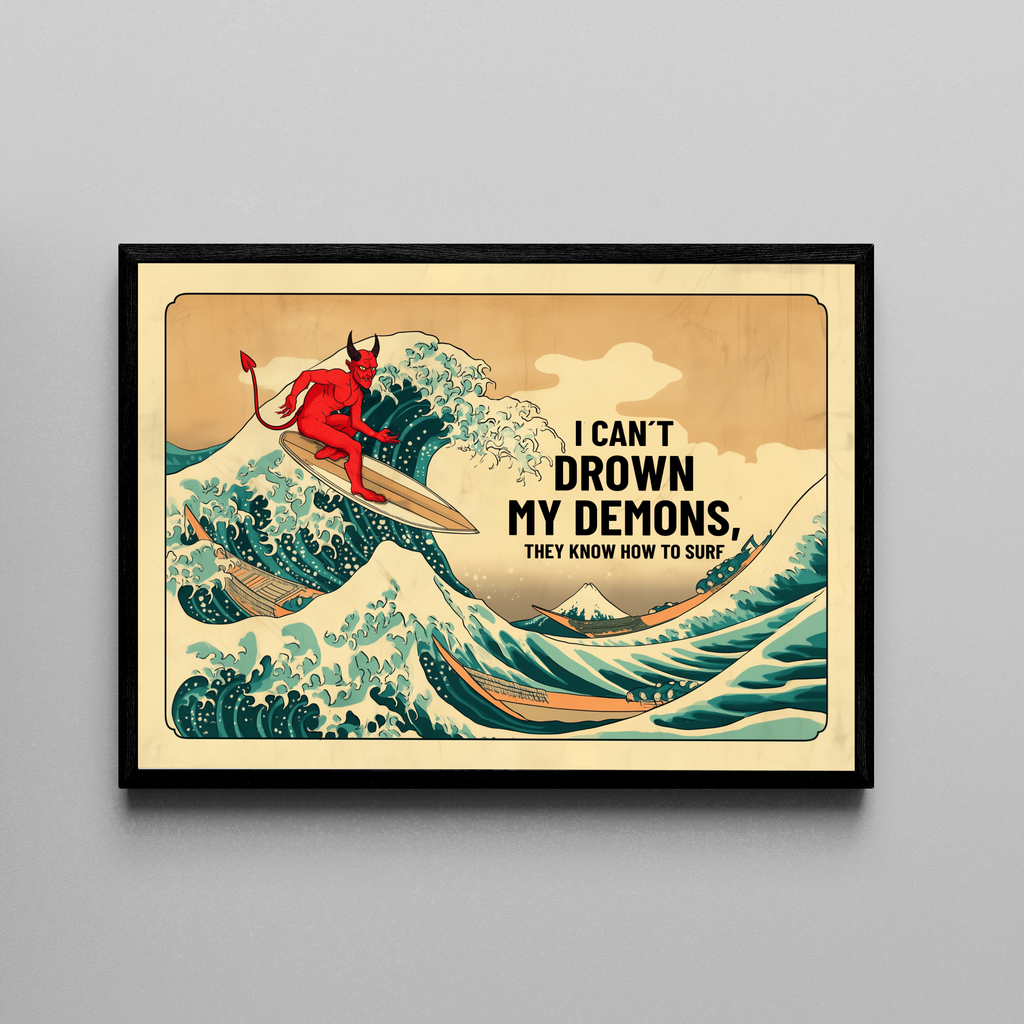 I CAN'T DROWN MY DEMONS – roter Teufel surft auf großer Welle, Hokusai-Stil, Humor – Poster im schwarzen Rahmen