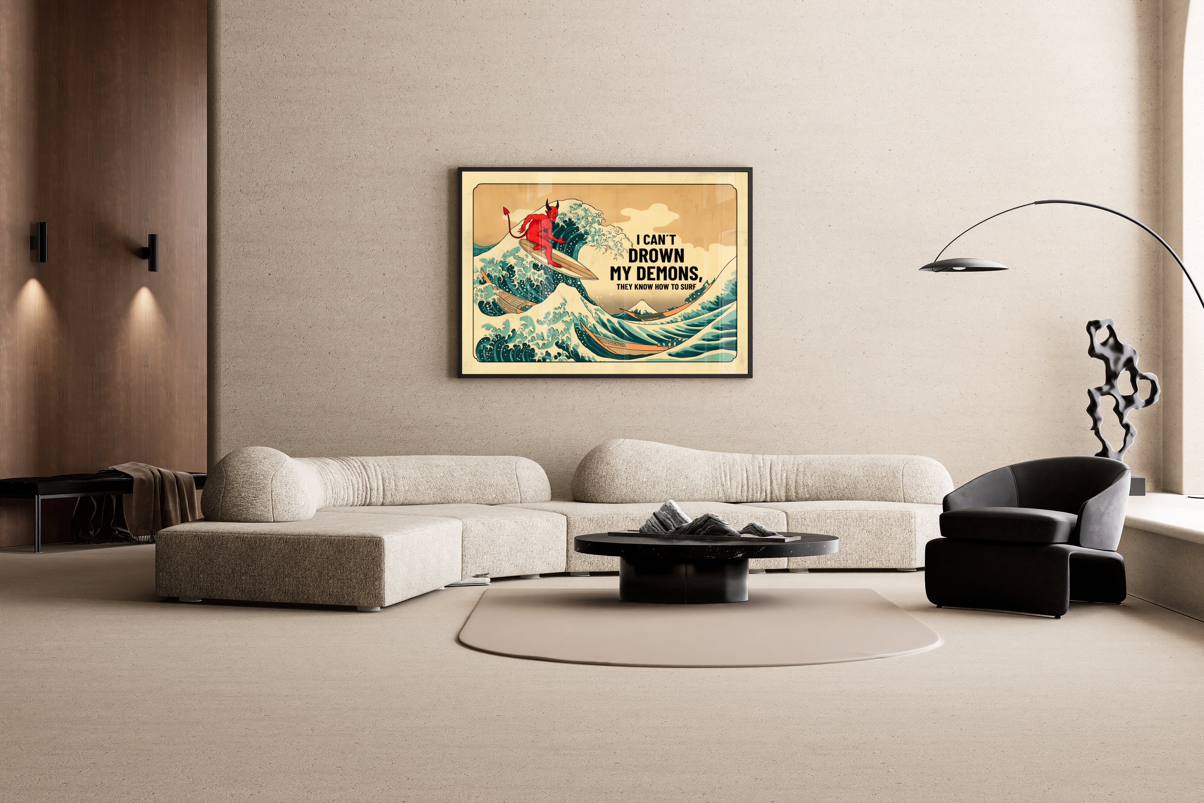 I CAN'T DROWN MY DEMONS – roter Teufel surft auf großer Welle, Hokusai-Stil, Humor – Wandbild im modernen Wohnzimmer