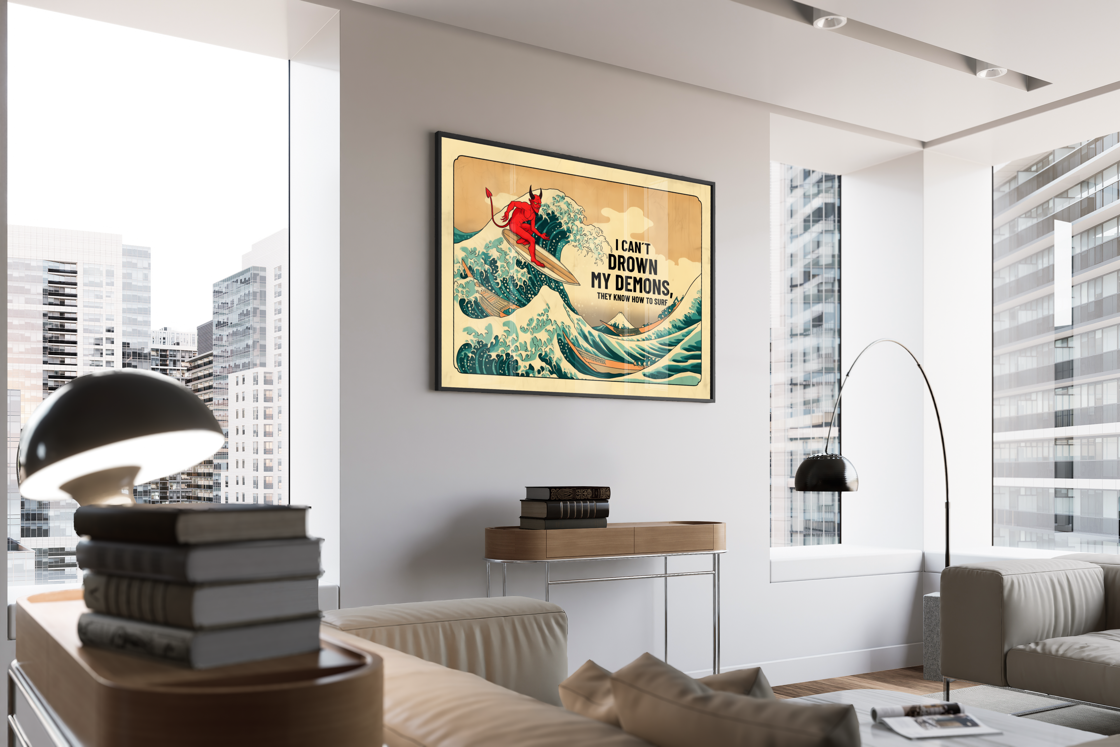 I CAN'T DROWN MY DEMONS – roter Teufel surft auf großer Welle, Hokusai-Stil, Humor – gerahmtes Poster kaufen