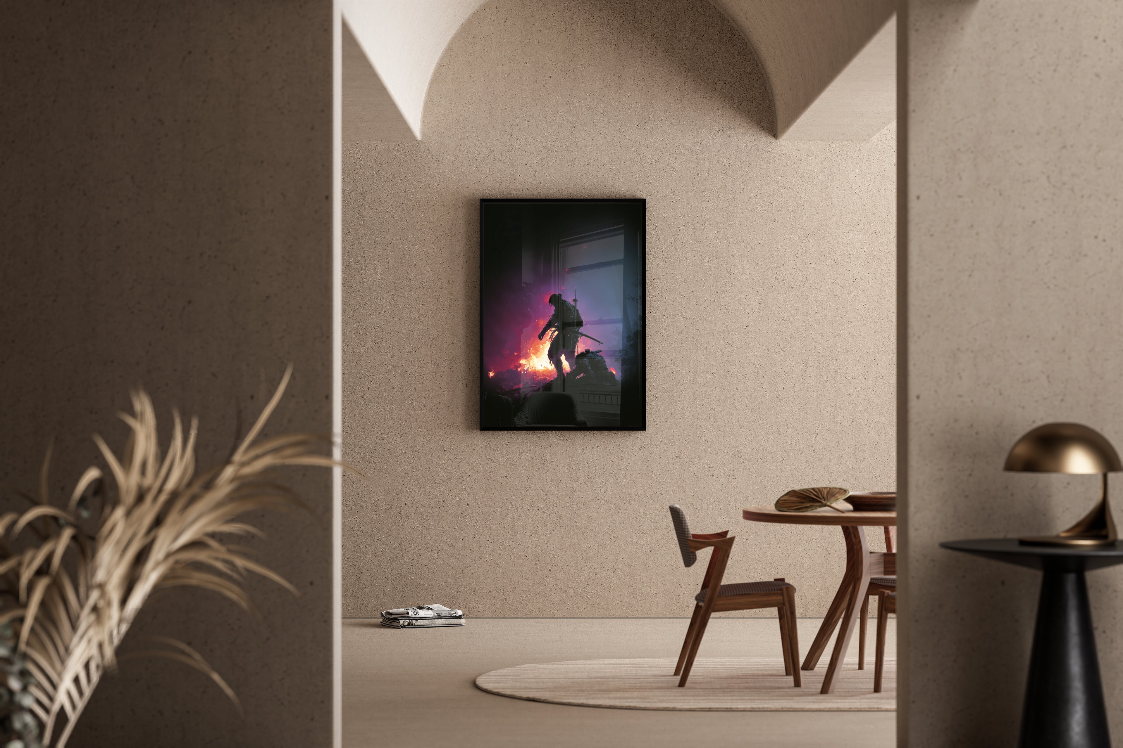 Samurai-Silhouette in lila-blauem Feuerschein – Kunstdruck im mediterranen Esszimmer