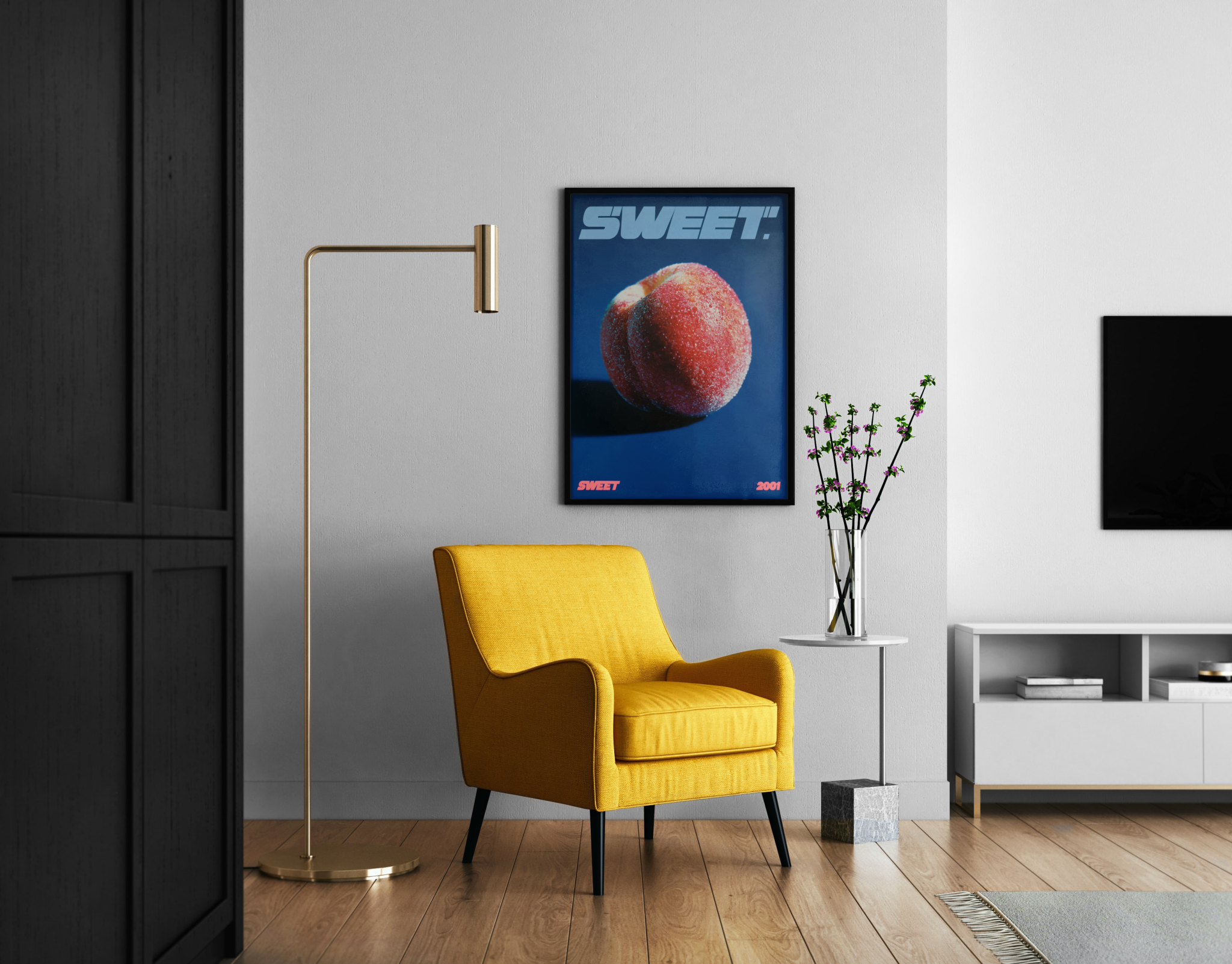 Sweet – Pfirsich-Foto vor Royalblau | Y2K-Fotografie – Wandbild im modernen Wohnzimmer