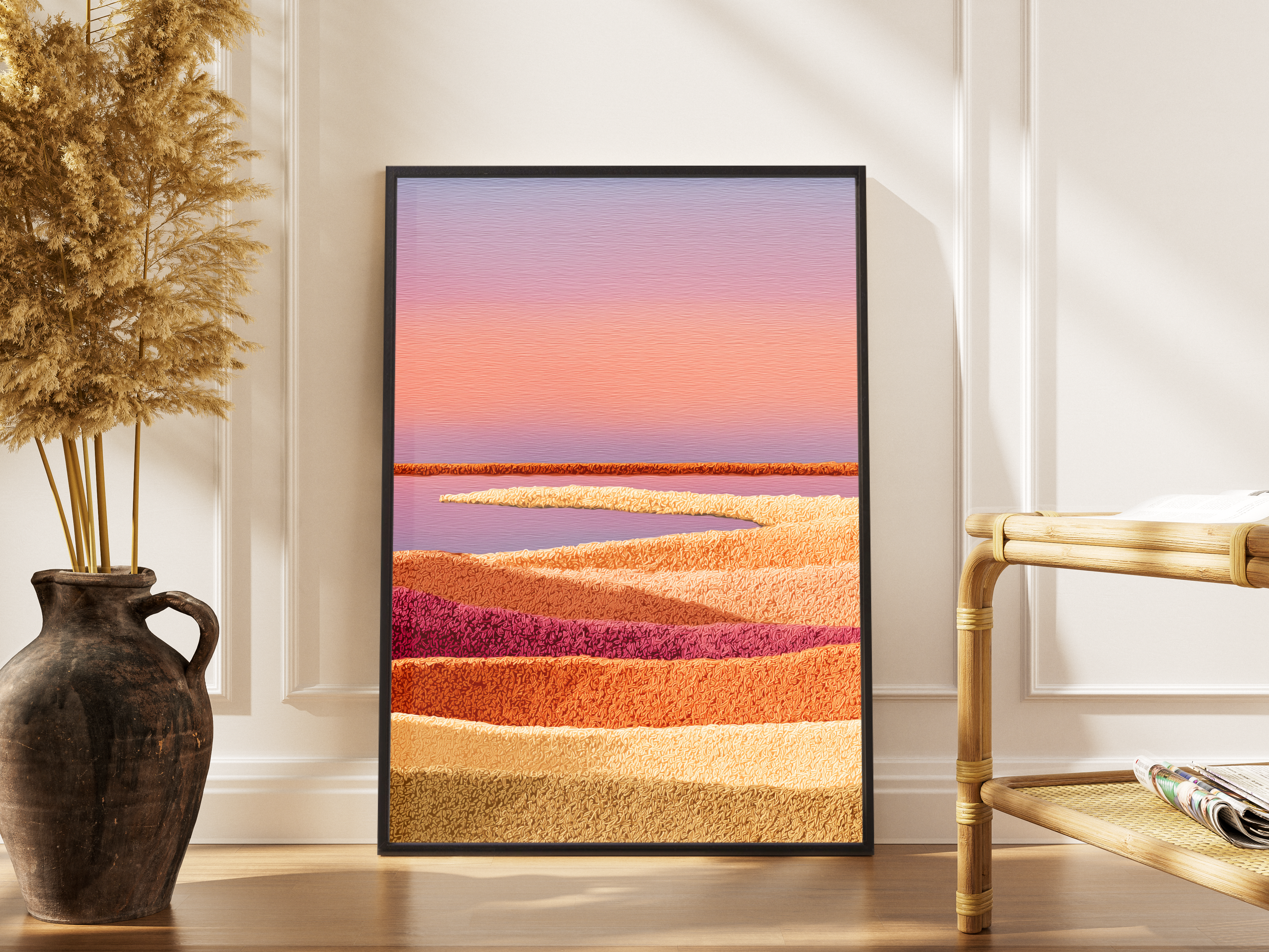 Abstrakte Wüstenlandschaft in Rosa und Terrakotta mit Textur-Schichten – gerahmter Fine Art Kunstdruck kaufen