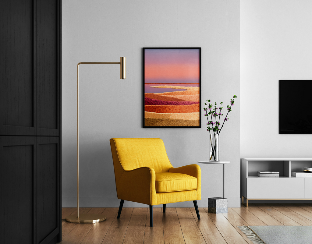 Abstrakte Wüstenlandschaft in Rosa und Terrakotta mit Textur-Schichten – minimalistischer Poster im modernen Wohnzimmer