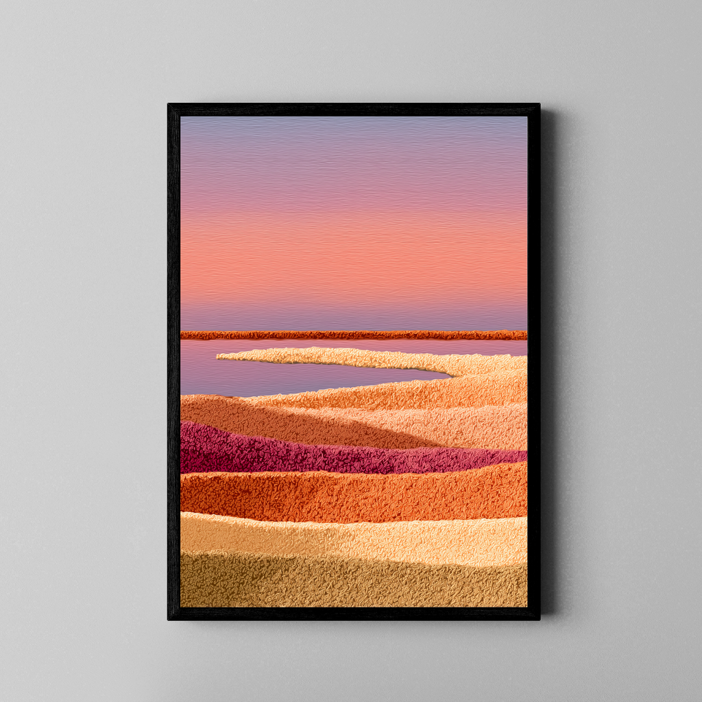 Abstrakte Wüstenlandschaft in Rosa und Terrakotta mit Textur-Schichten – Fine Art Poster im schwarzen Rahmen