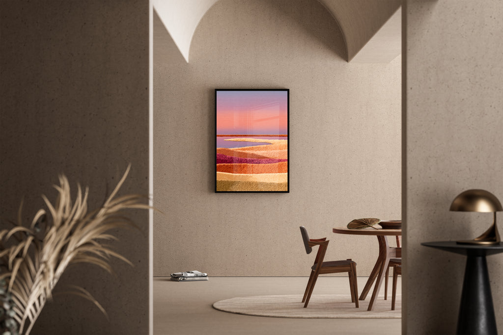 Abstrakte Wüstenlandschaft in Rosa und Terrakotta mit Textur-Schichten – Kunstdruck im mediterranen Esszimmer
