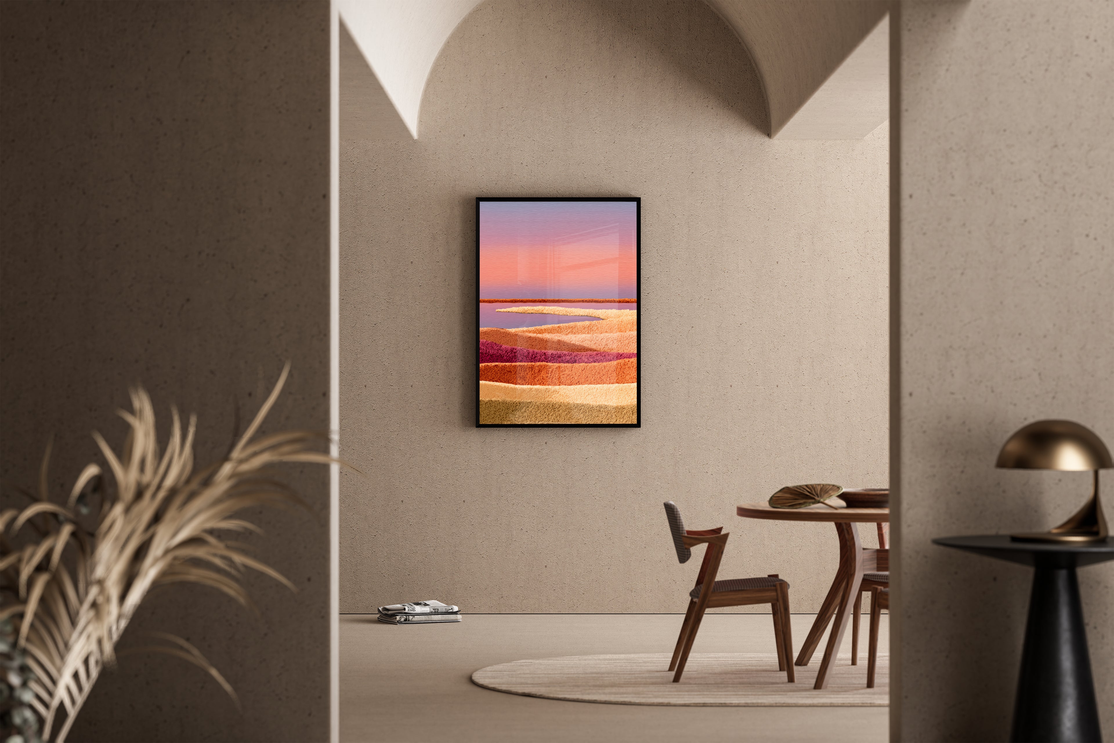 Abstrakte Wüstenlandschaft in Rosa und Terrakotta mit Textur-Schichten – Kunstdruck im mediterranen Esszimmer