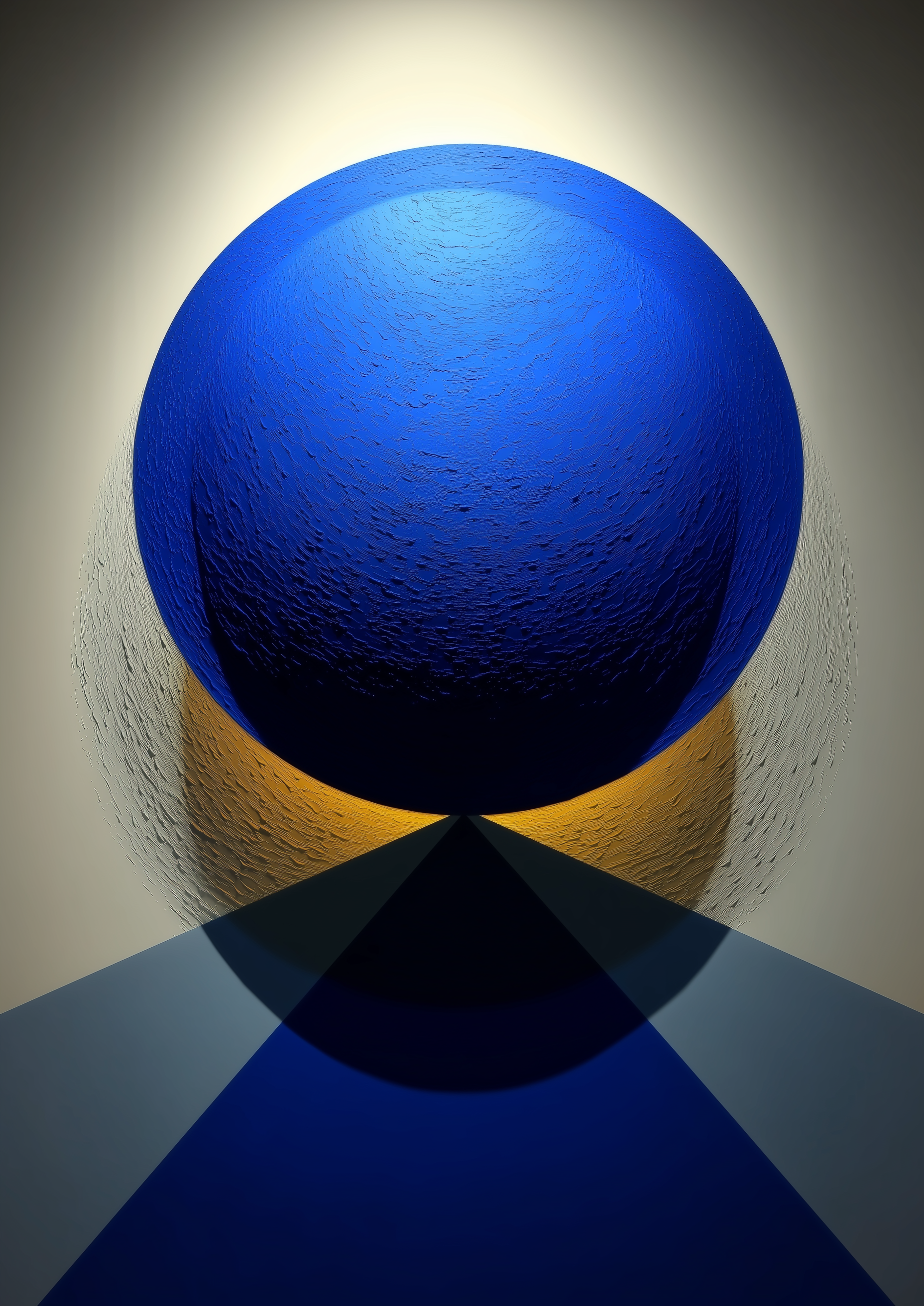 Blaue Kugel auf goldenem Sockel mit geometrischem Schatten – abstrakter Fine Art Kunstdruck