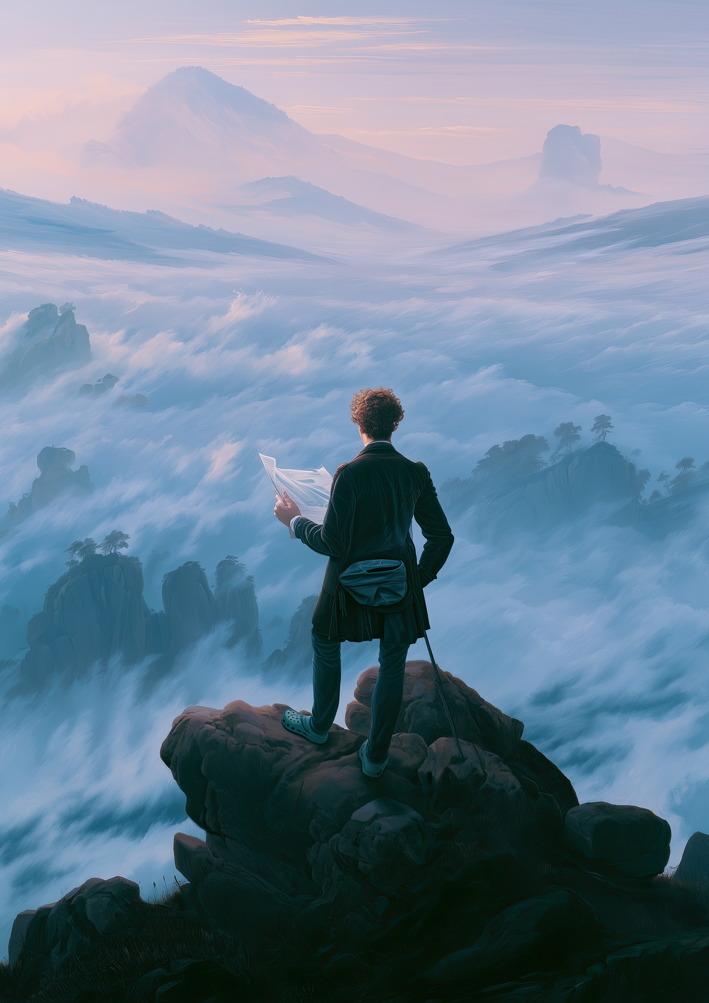 The Wanderer of the Crocs – Friedrich-Parodie Nebelmeer Crocs Bauchtasche | Ölgemälde-Parodie – eleganter Kunstdruck