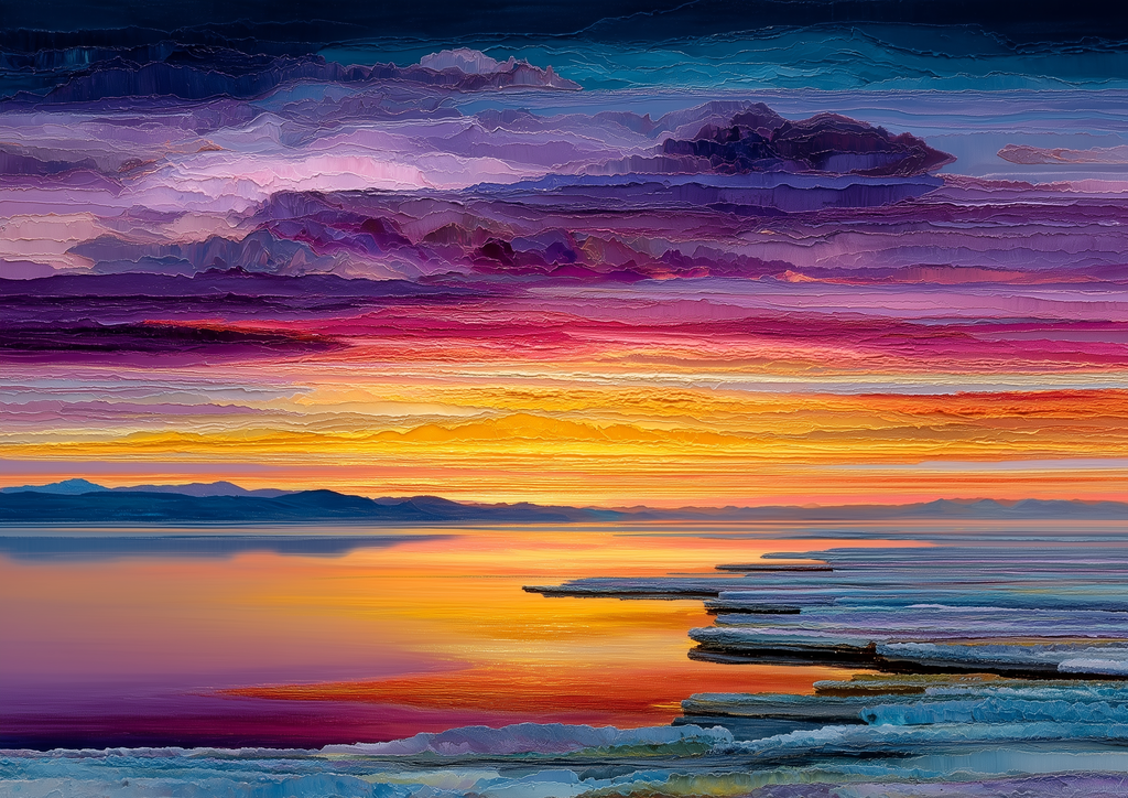 The Weight of Light – violett-orangefarbener Sonnenuntergang Salzflats Spiegelung | Ölgemälde-Optik – eleganter Kunstdruck