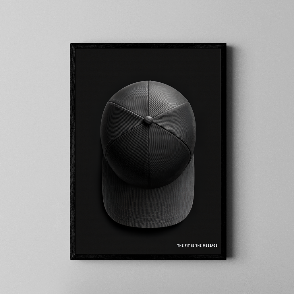 The Fit is the Message – Cap Draufsicht grafische Linienstruktur | Kupferstich-Stil – Poster im schwarzen Rahmen