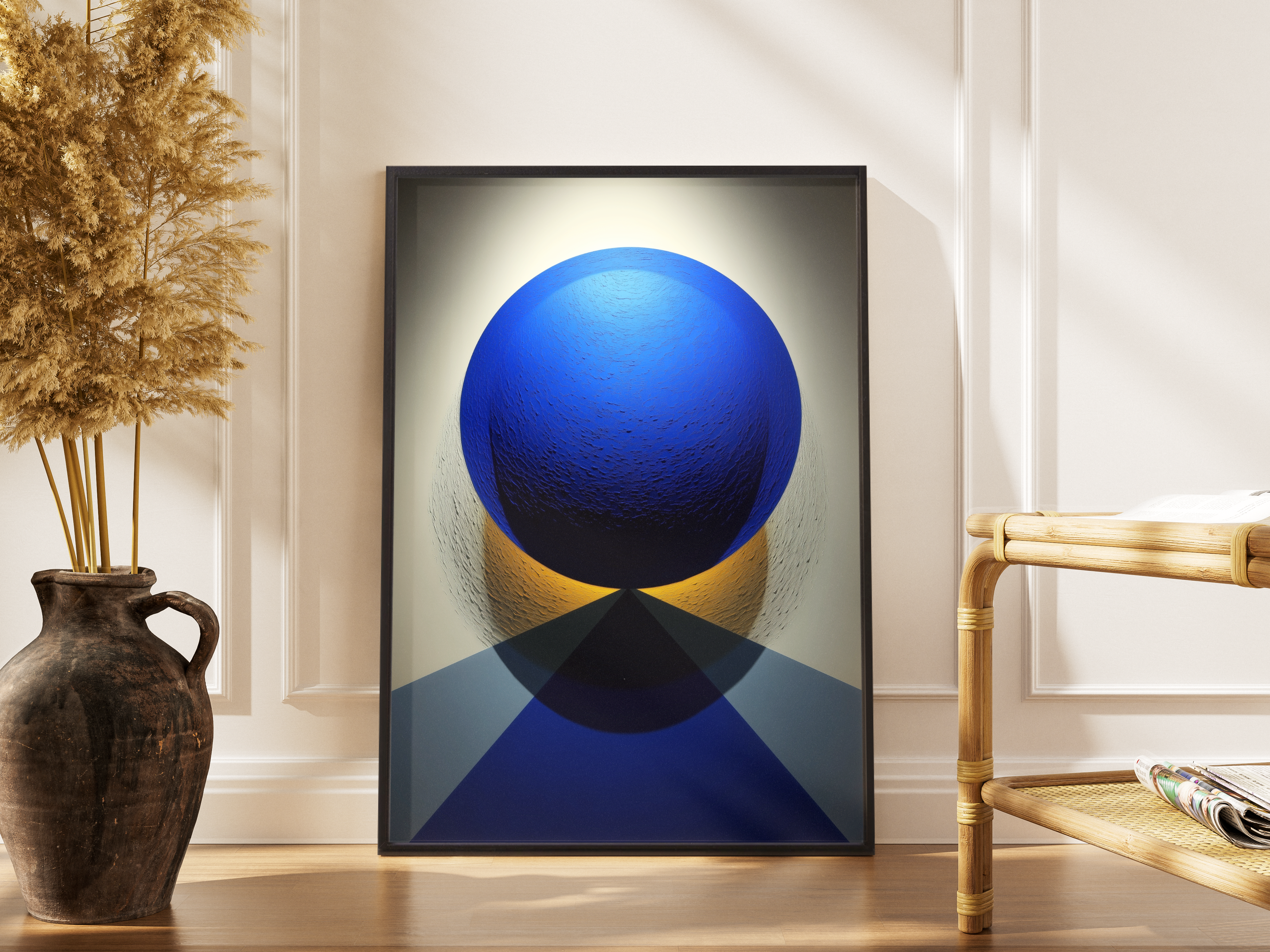 Blaue Kugel auf goldenem Sockel mit geometrischem Schatten – gerahmter abstrakter Kunstdruck kaufen
