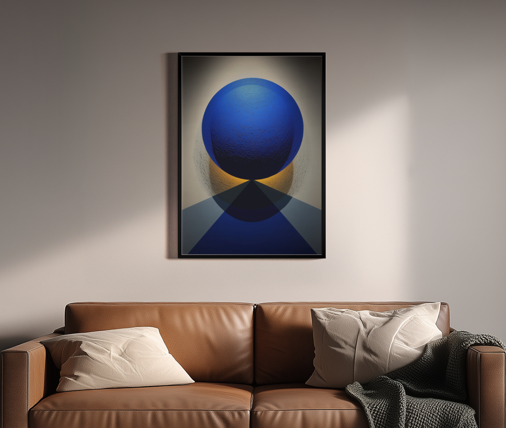 Blaue Kugel auf goldenem Sockel mit geometrischem Schatten – Wandbild über braunem Ledersofa