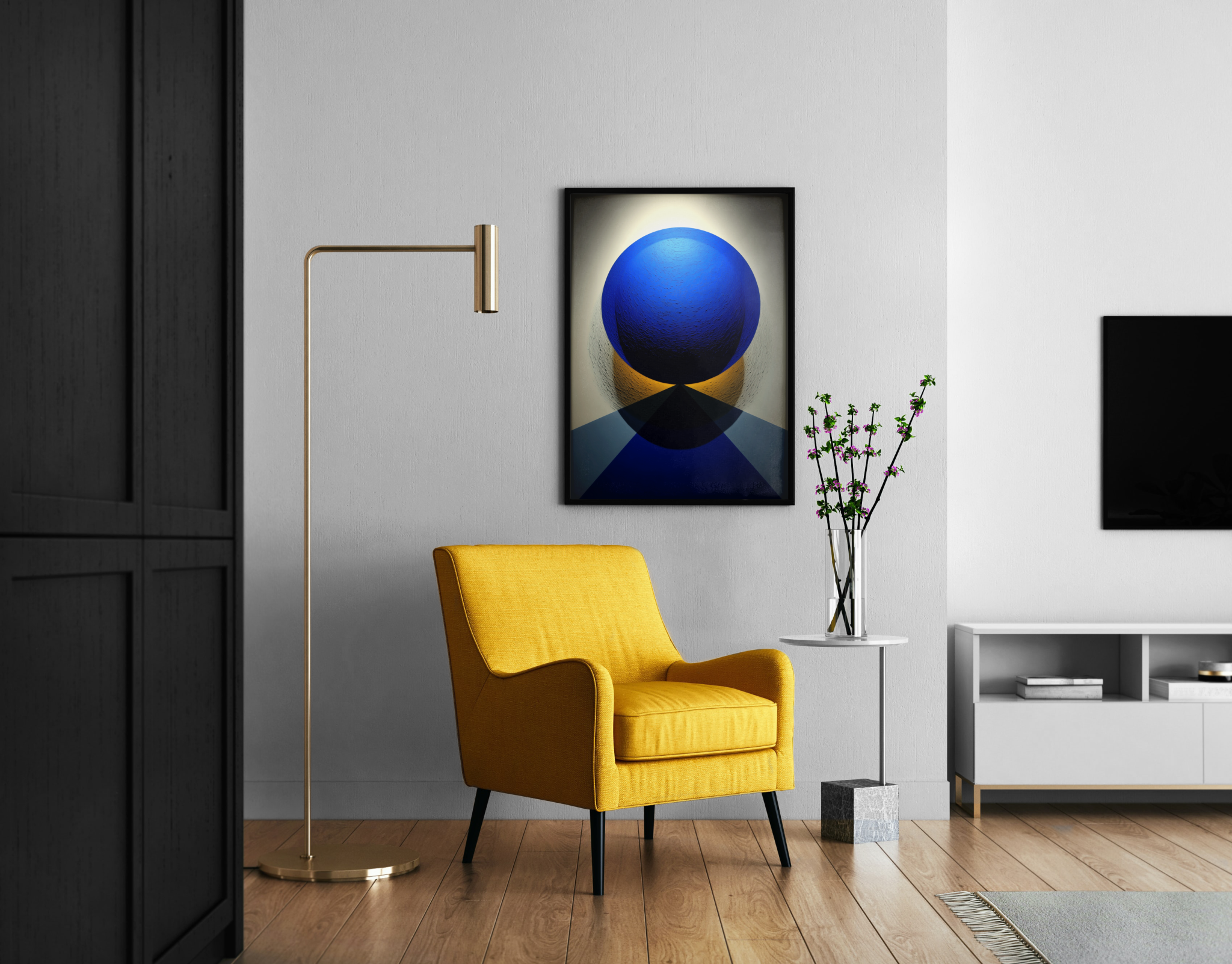 Blaue Kugel auf goldenem Sockel mit geometrischem Schatten – abstrakter Poster im modernen Wohnzimmer