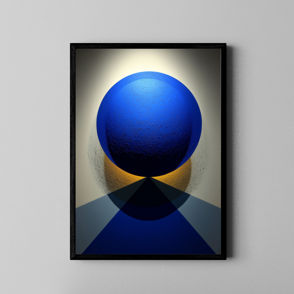 Blaue Kugel auf goldenem Sockel mit geometrischem Schatten – Fine Art Poster im schwarzen Rahmen