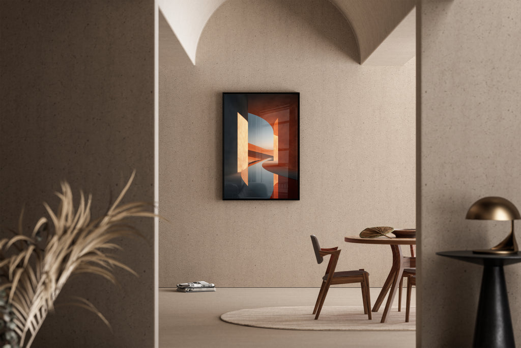 Terrakotta-Architektur mit Rundbogen und Wüstenlandschaft im Abendlicht – Kunstdruck im mediterranen Esszimmer