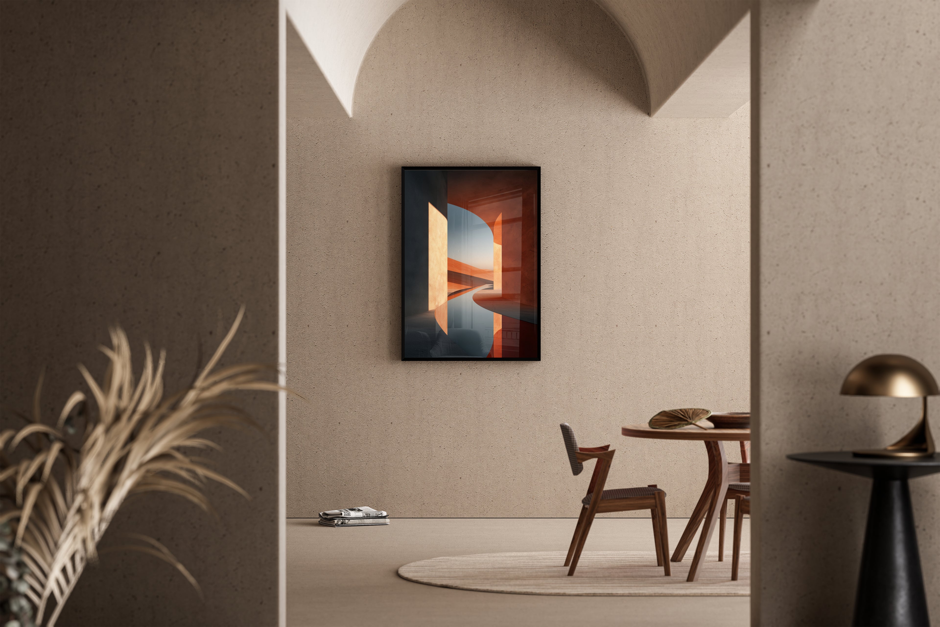 Terrakotta-Architektur mit Rundbogen und Wüstenlandschaft im Abendlicht – Kunstdruck im mediterranen Esszimmer