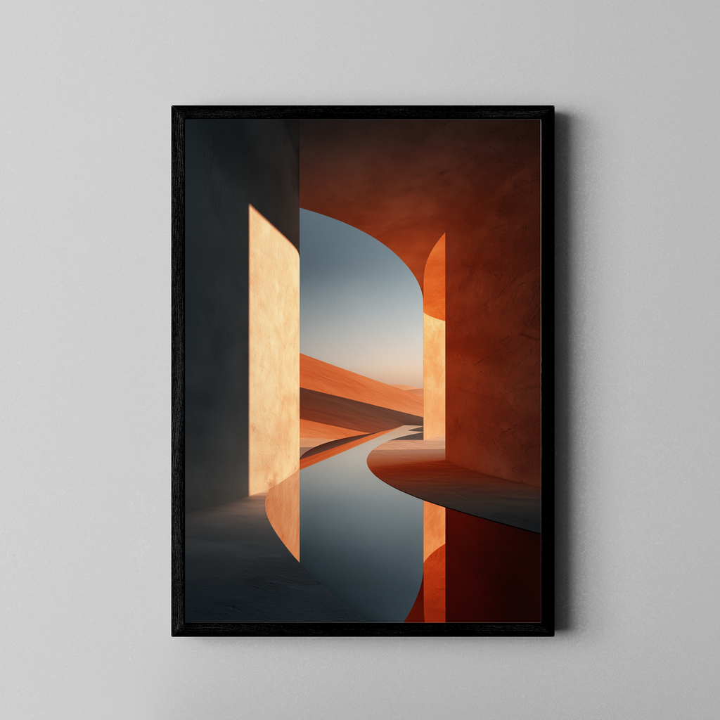 Terrakotta-Architektur mit Rundbogen und Wüstenlandschaft im Abendlicht – Fine Art Poster im schwarzen Rahmen