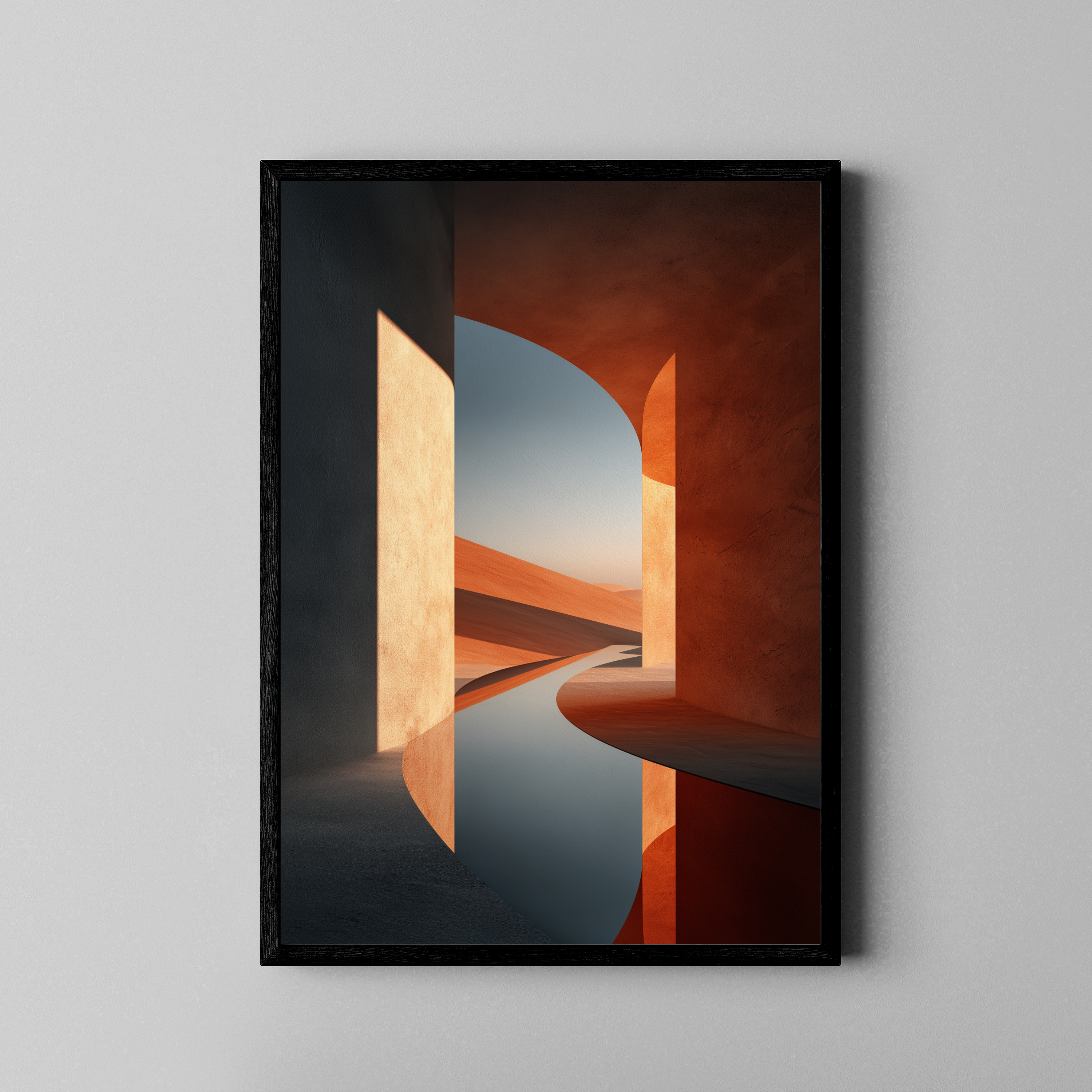 Terrakotta-Architektur mit Rundbogen und Wüstenlandschaft im Abendlicht – Fine Art Poster im schwarzen Rahmen