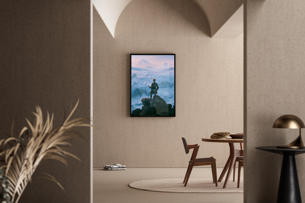 The Wanderer of the Crocs – Romantik-Parodie Nebel Bergpanorama | Pop-Art-Stil – Poster im Esszimmer