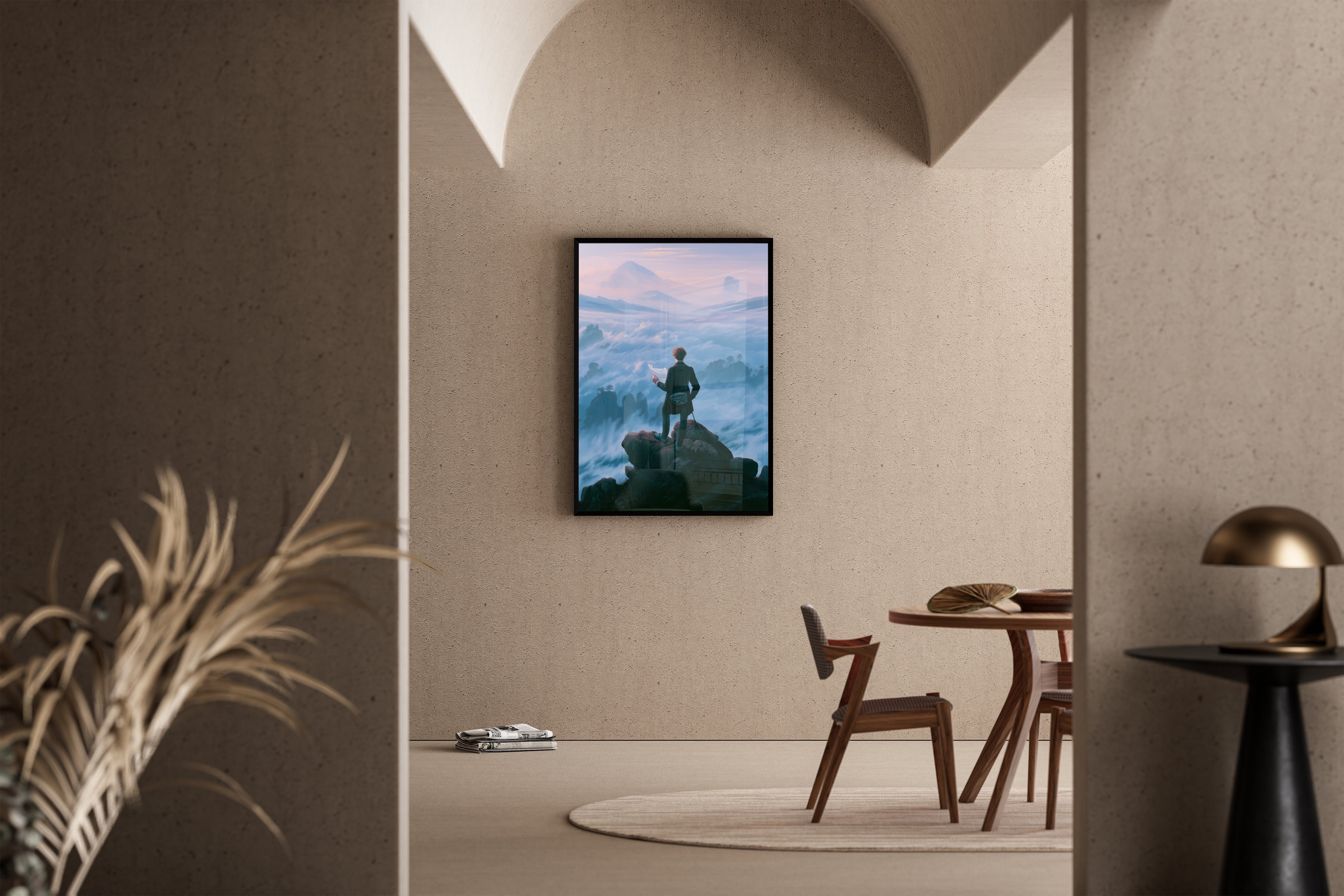 The Wanderer of the Crocs – Romantik-Parodie Nebel Bergpanorama | Pop-Art-Stil – Poster im Esszimmer
