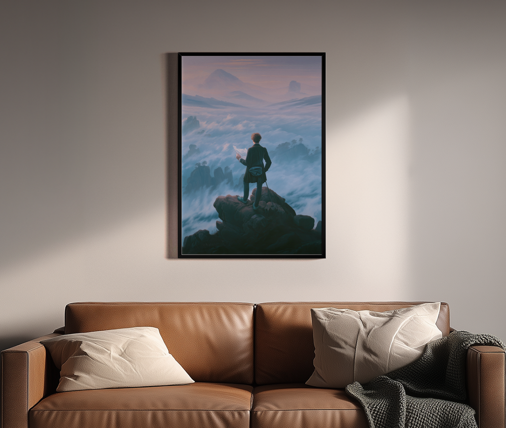 The Wanderer of the Crocs – Caspar David Friedrich Remix humorvoll | Pop-Art-Optik – Wandbild über braunem Ledersofa