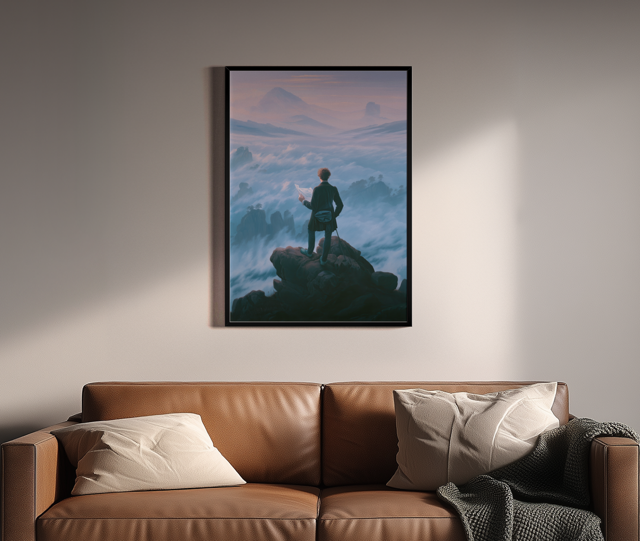 The Wanderer of the Crocs – Caspar David Friedrich Remix humorvoll | Pop-Art-Optik – Wandbild über braunem Ledersofa
