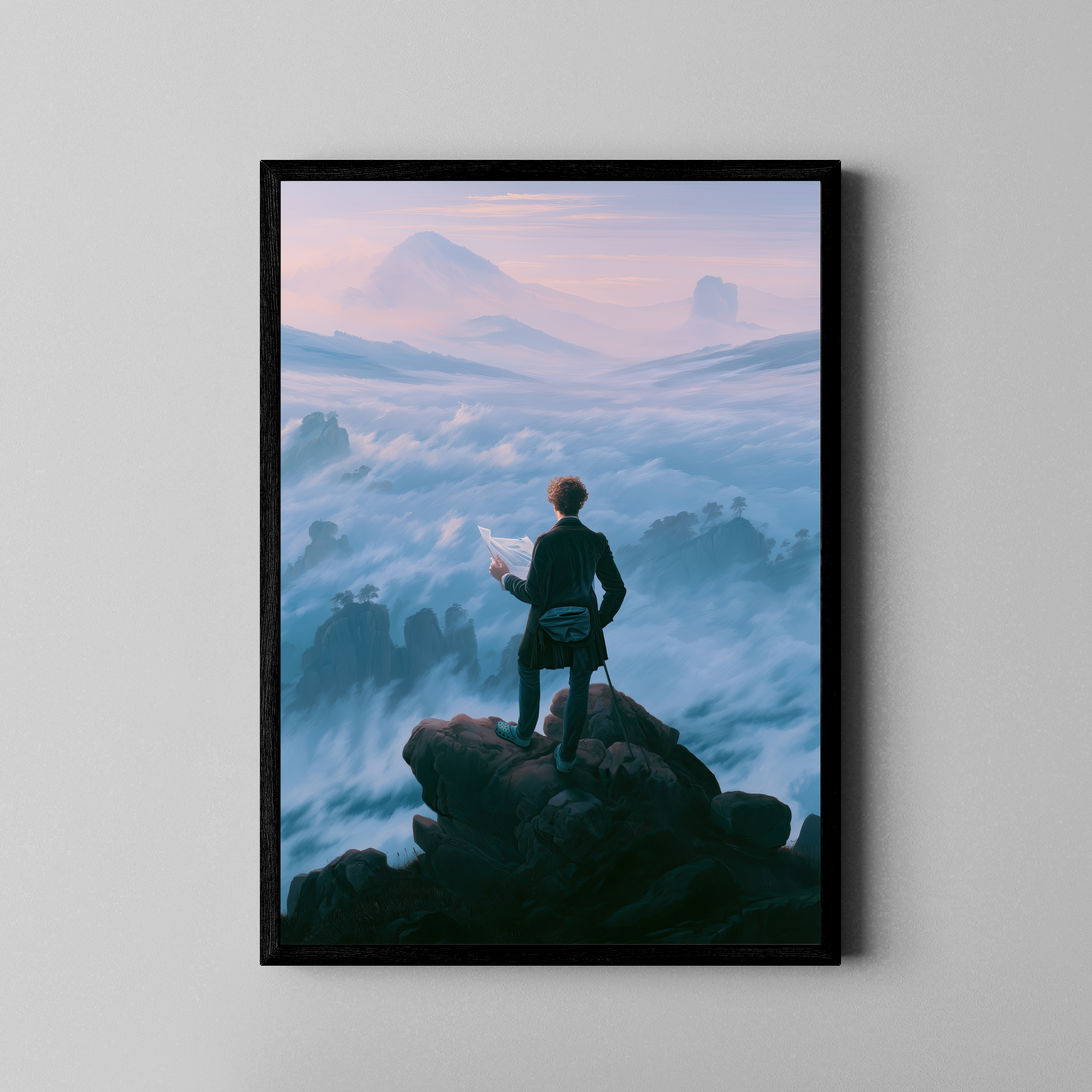 The Wanderer of the Crocs – Wanderer Nebelmeer modern ironisch | Ölgemälde-Remix-Stil – Poster im schwarzen Rahmen