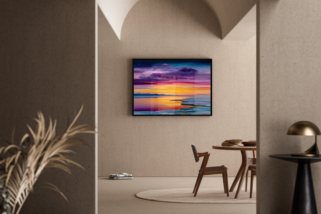 The Weight of Light – spektakuläre Abenddämmerung Seenlandschaft | Ölgemälde-Illustration-Stil – Poster im Wohnbereich