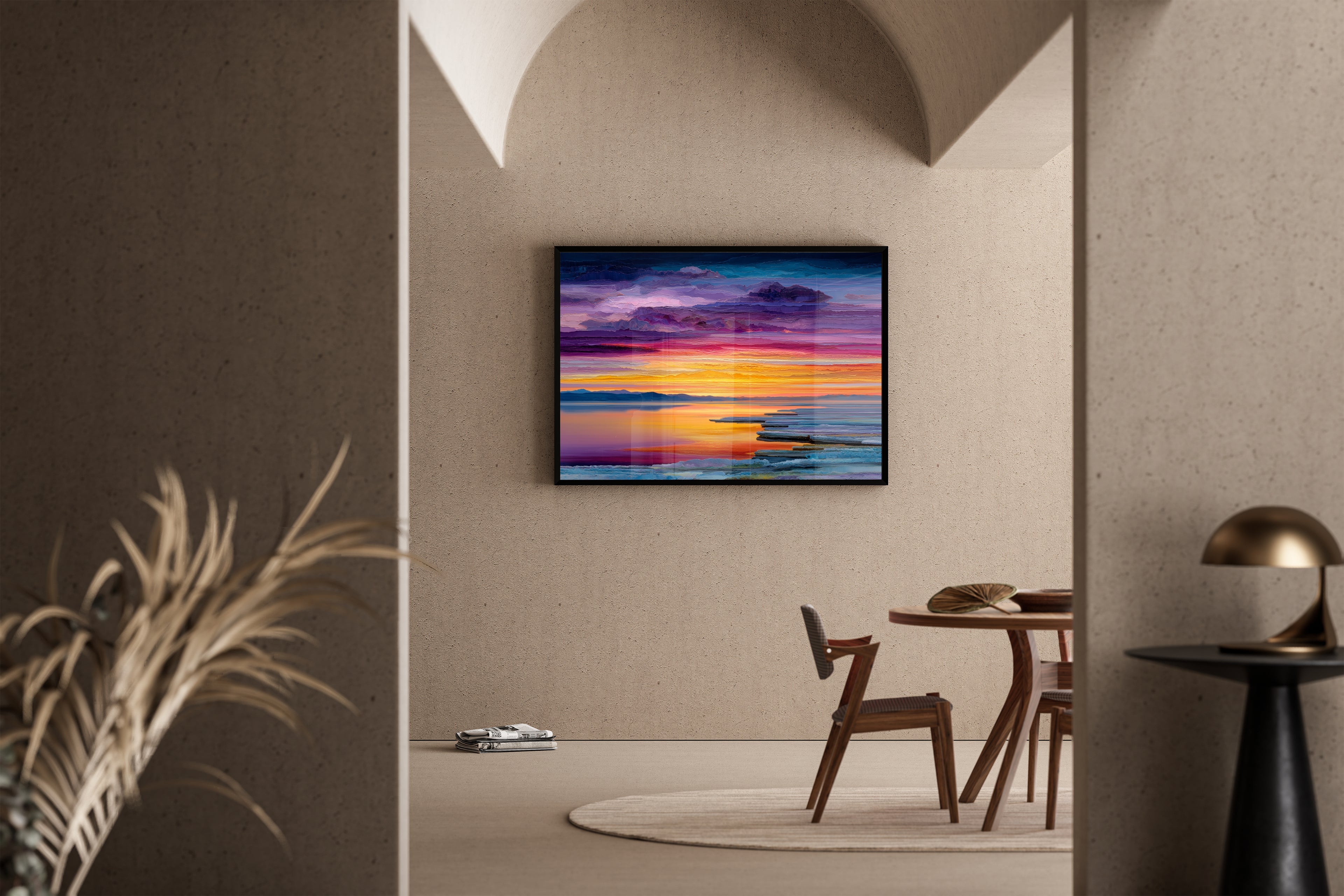 The Weight of Light – spektakuläre Abenddämmerung Seenlandschaft | Ölgemälde-Illustration-Stil – Poster im Wohnbereich