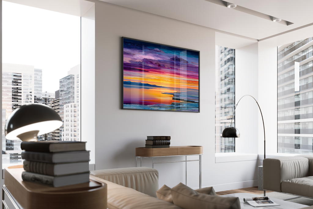 The Weight of Light – Sonnenuntergang Wanddekoration violett orange gold | Pastose Malerei-Optik – gerahmtes Poster kaufen