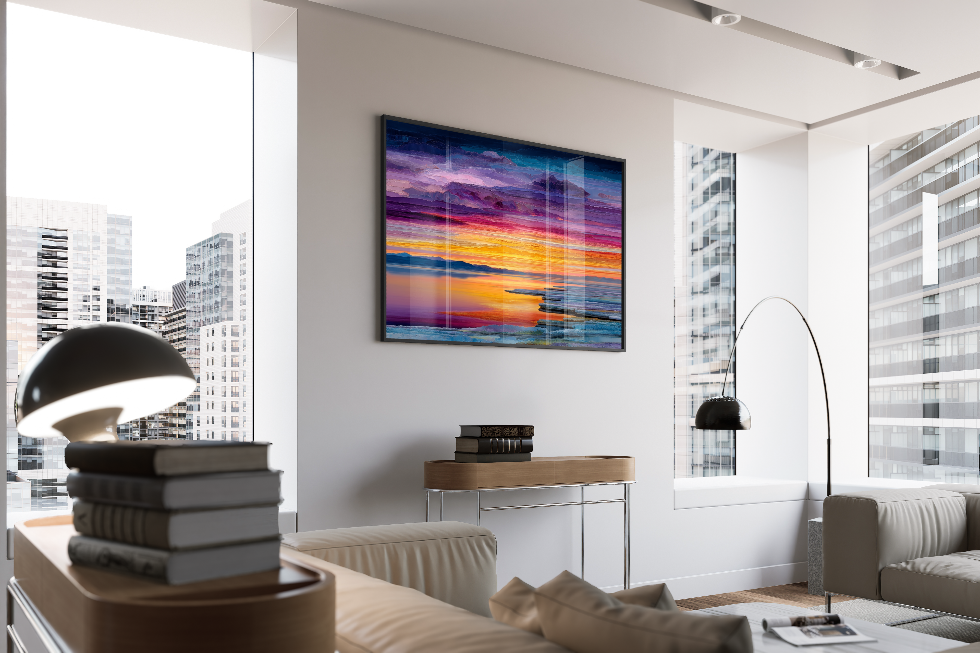 The Weight of Light – Sonnenuntergang Wanddekoration violett orange gold | Pastose Malerei-Optik – gerahmtes Poster kaufen