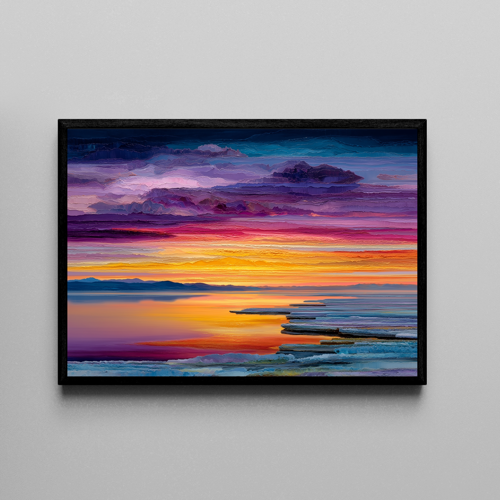 The Weight of Light – explosives Sonnenuntergangs-Panorama See Bergsilhouette | Pastose Ölmalerei Fine Art – Poster im schwarzen Rahmen