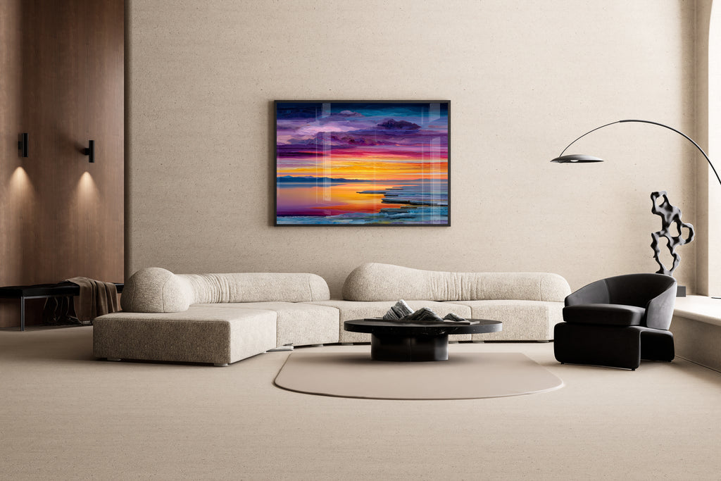 The Weight of Light – farbenprächtige Sonnenuntergangslandschaft Ölgemälde | Abstrakte Landschaftsmalerei – Wandbild im modernen Wohnzimmer