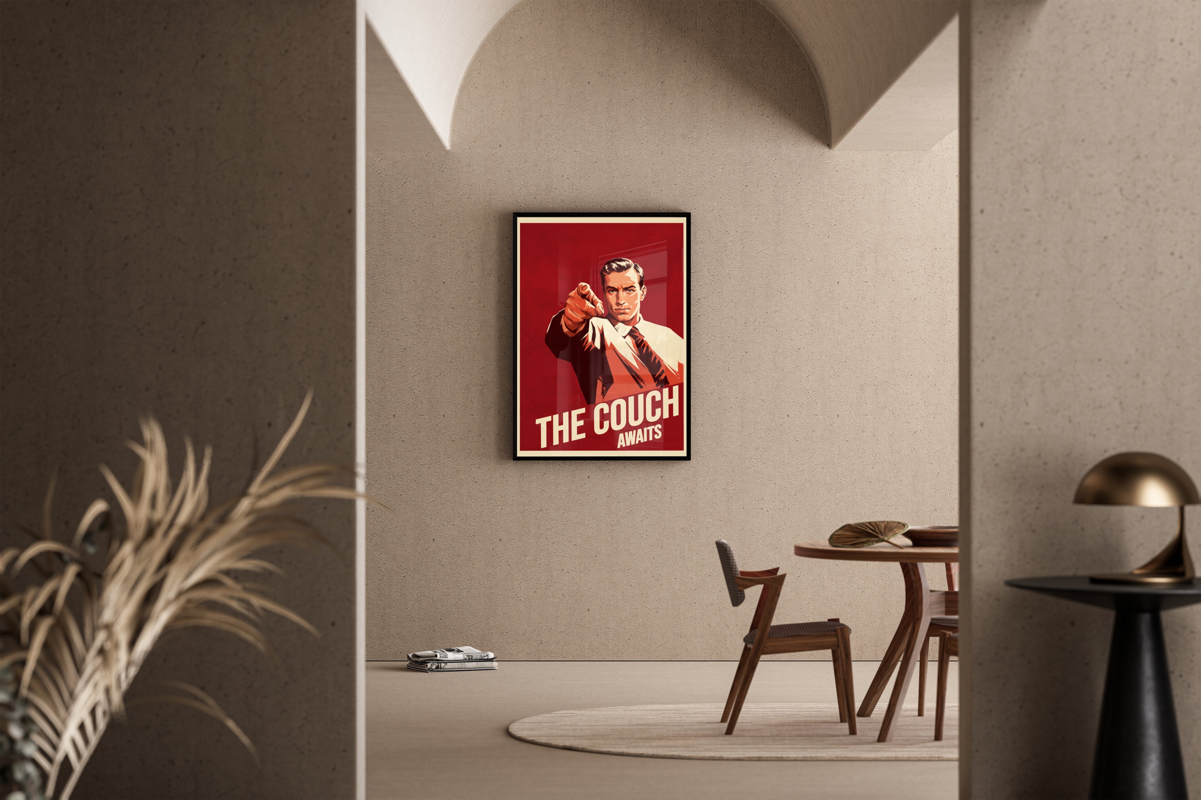 The Couch Awaits – humorvolles Retro-Poster zeigender Anzugmann | Vintage-Grafik-Stil – Poster im Esszimmer