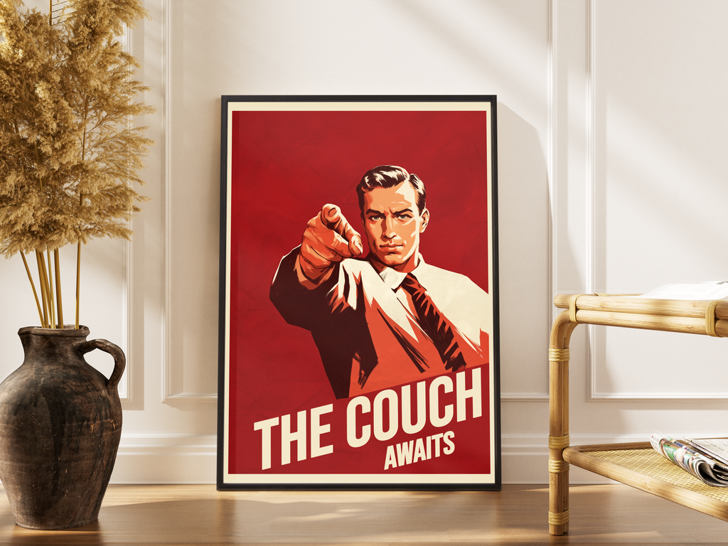The Couch Awaits – witziges Propaganda-Poster Wanddekoration | Retro-Illustration – gerahmtes Poster kaufen