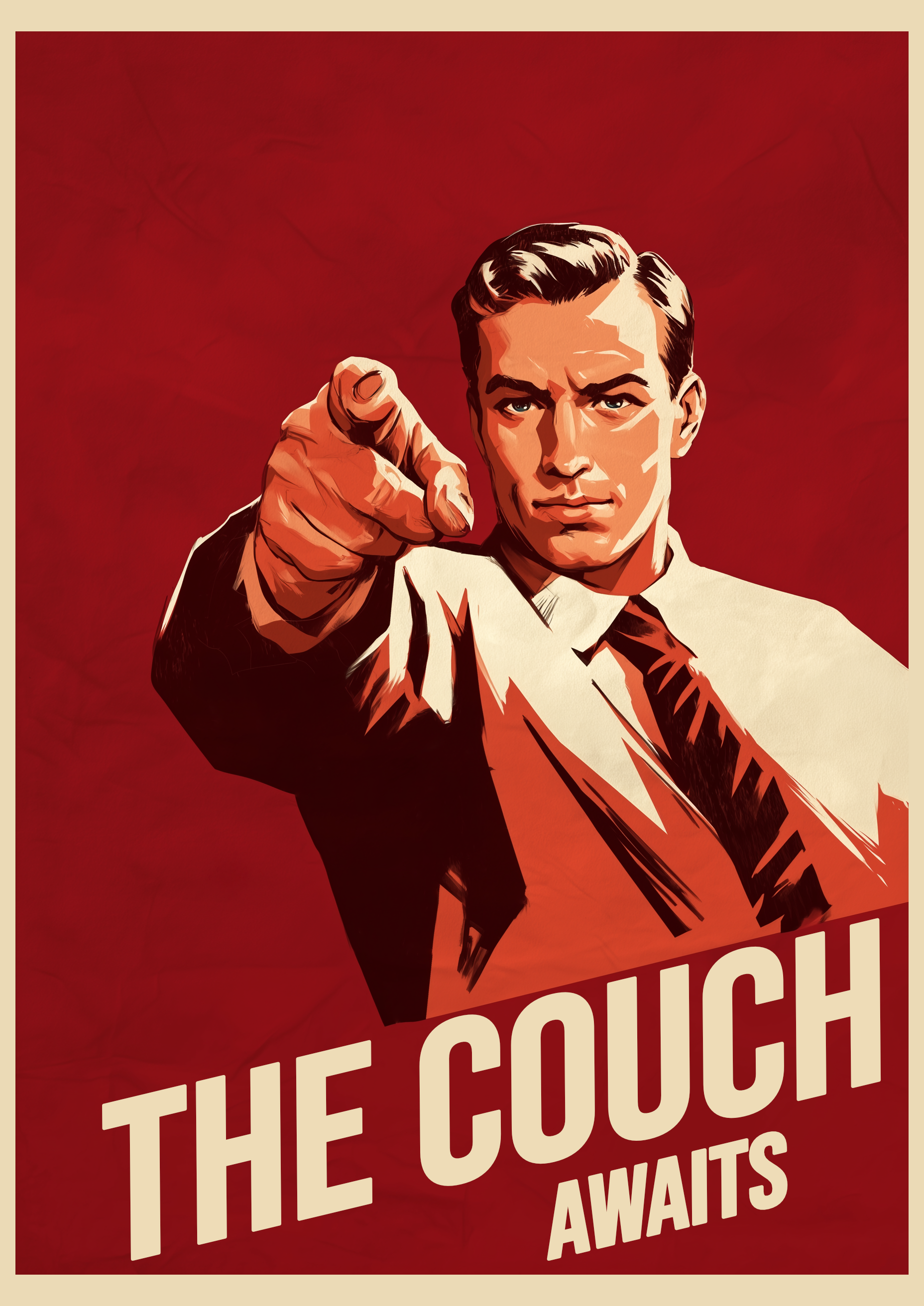 The Couch Awaits – zeigender Mann roter Propaganda-Hintergrund | Retro-Poster-Optik – eleganter Kunstdruck