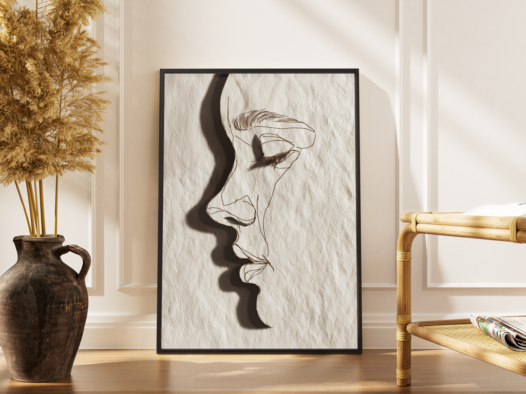 Abstraktes Gesichtsprofil als Linienrelief auf Papier – gerahmter Kunstdruck kaufen