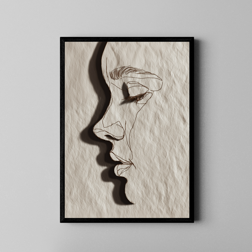 Abstraktes Gesichtsprofil als Linienrelief auf Papier – Fine Art Poster im schwarzen Rahmen
