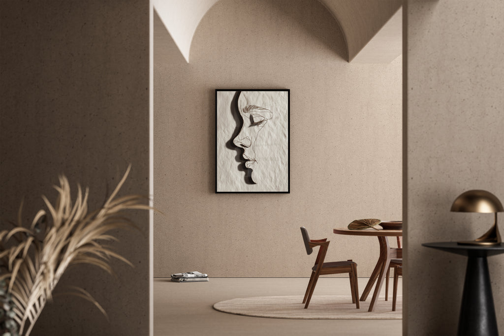 Abstraktes Gesichtsprofil als Linienrelief auf Papier – Kunstdruck im mediterranen Esszimmer